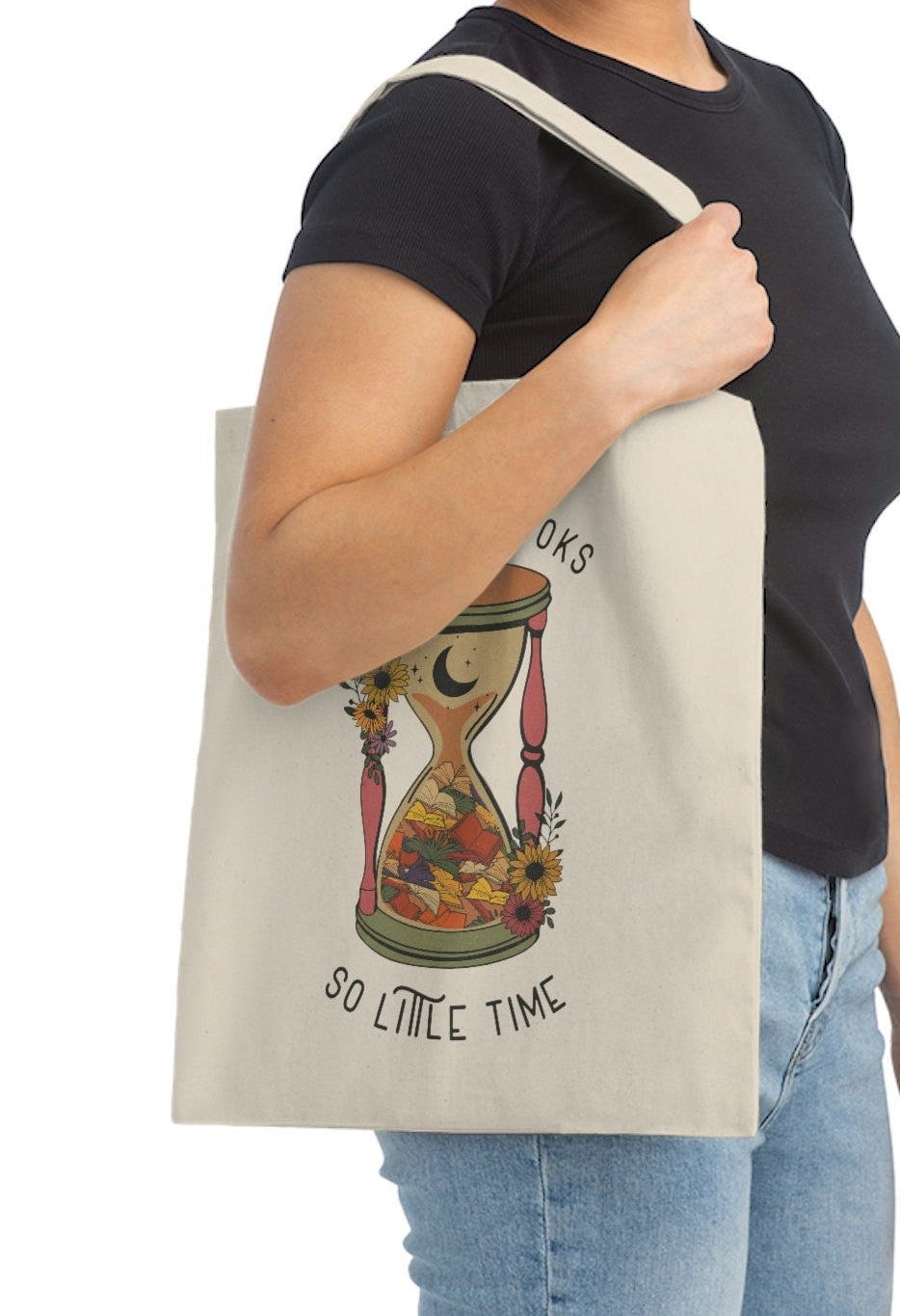 So Many Books Literary Magical Hourglass Library Book Reusable Shopping Canvas Tote Bag, Gift for Librarian Teacher Book Lover