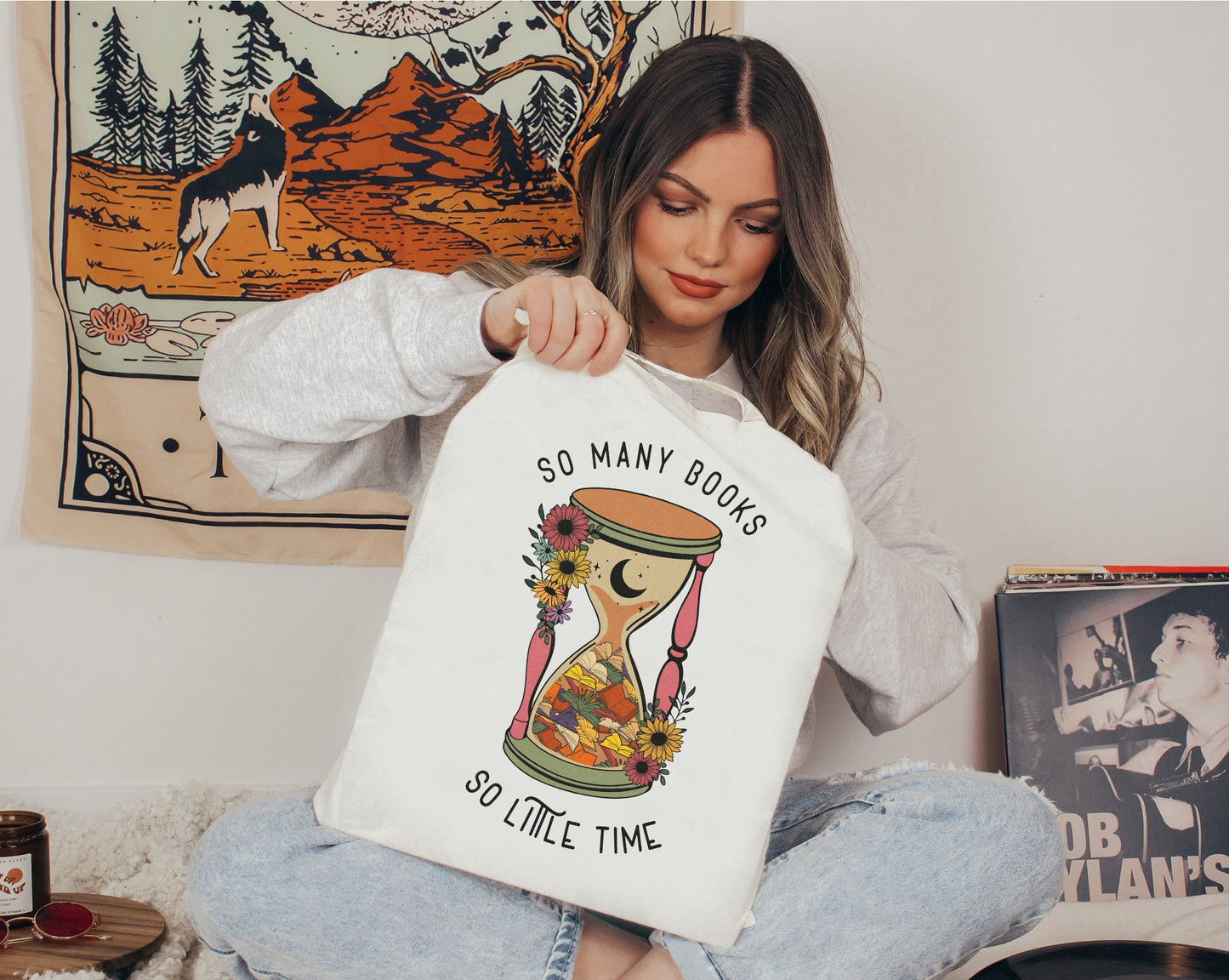 So Many Books Literary Magical Hourglass Library Book Reusable Shopping Canvas Tote Bag, Gift for Librarian Teacher Book Lover