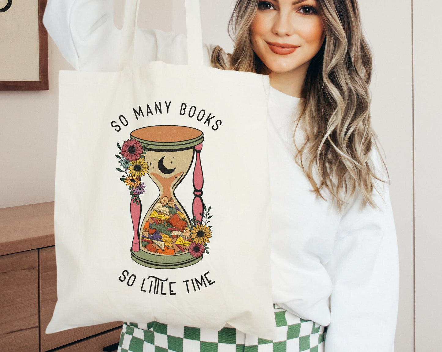 So Many Books Literary Magical Hourglass Library Book Reusable Shopping Canvas Tote Bag, Gift for Librarian Teacher Book Lover