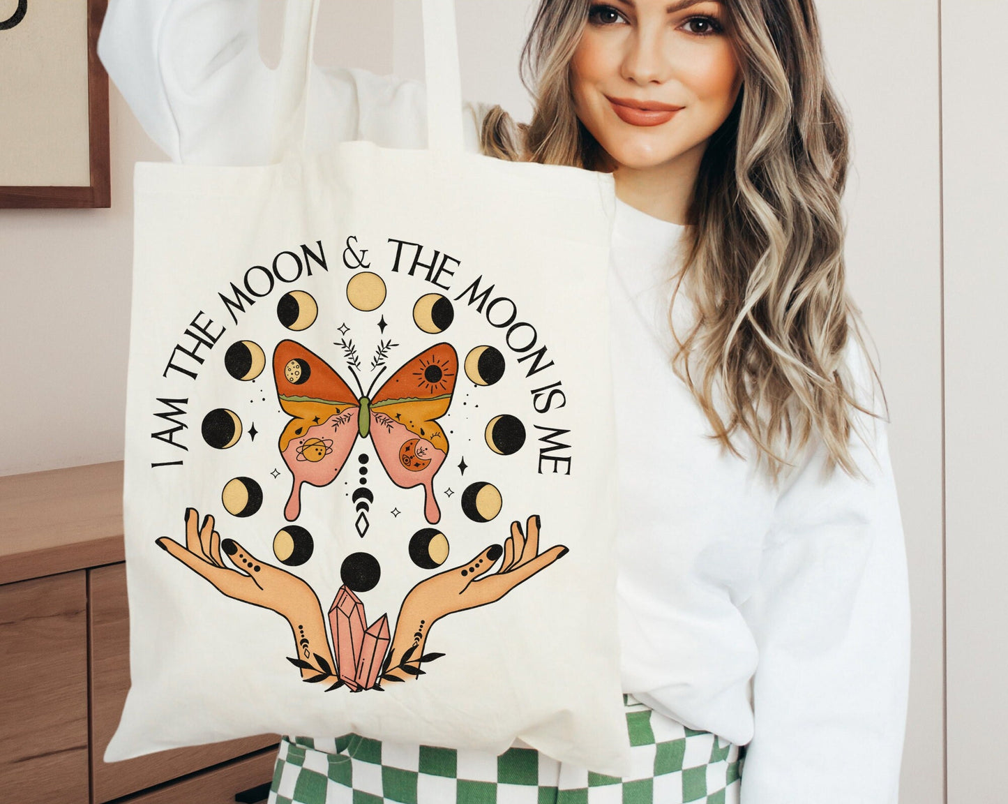 I Am The Moon Witchy Goth Aesthetic Celestial Moon Phases Graphic Reusable Canvas Tote Bag, Hippie Boho Halloween Gift for Butterfly Lover