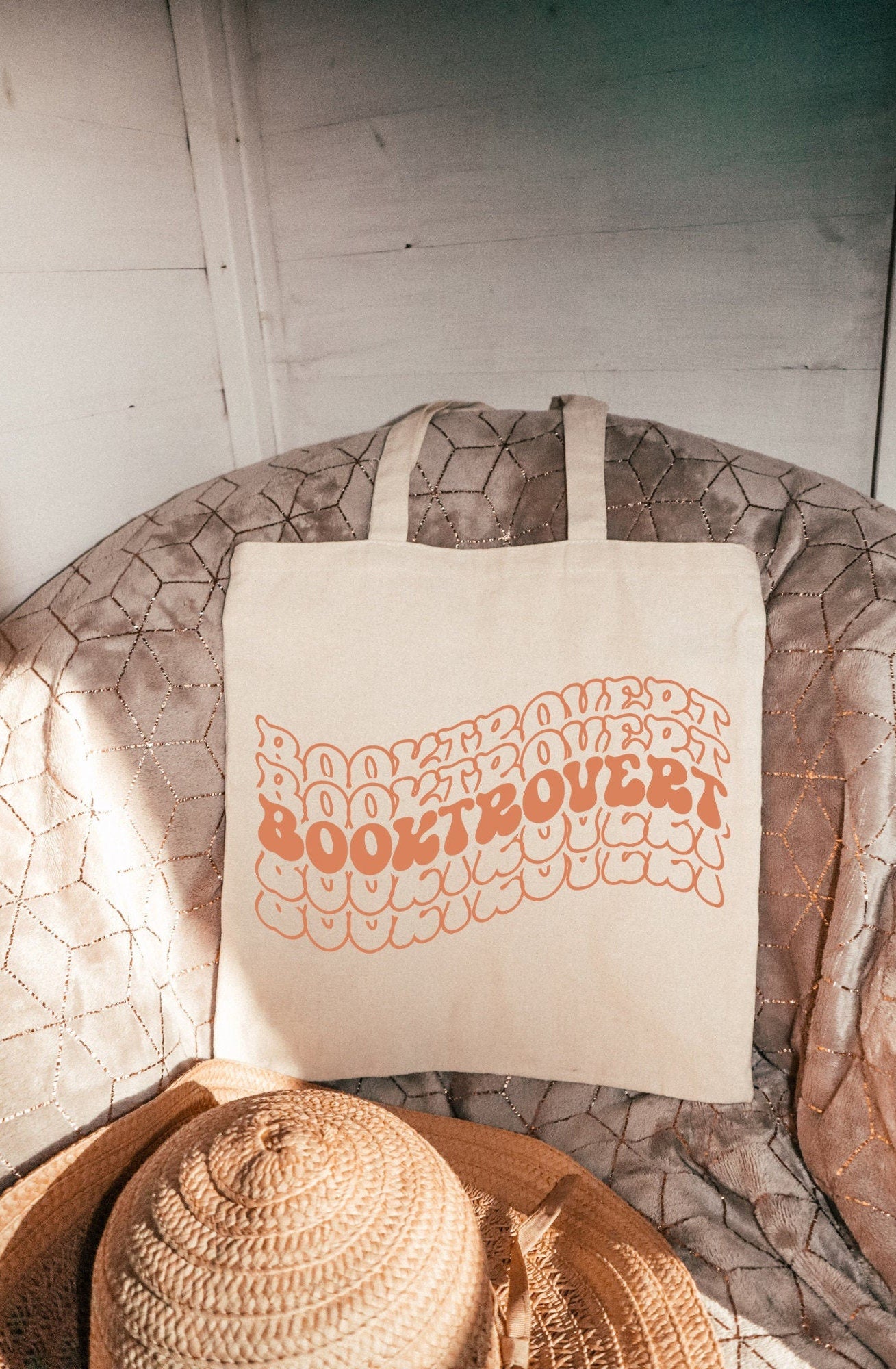 Retro Booktrovert Book Canvas Tote Bag, Reusable Grocery Shopping Bag, Gift for Introvert Bookworm Reader, Librarian or Teacher Gift