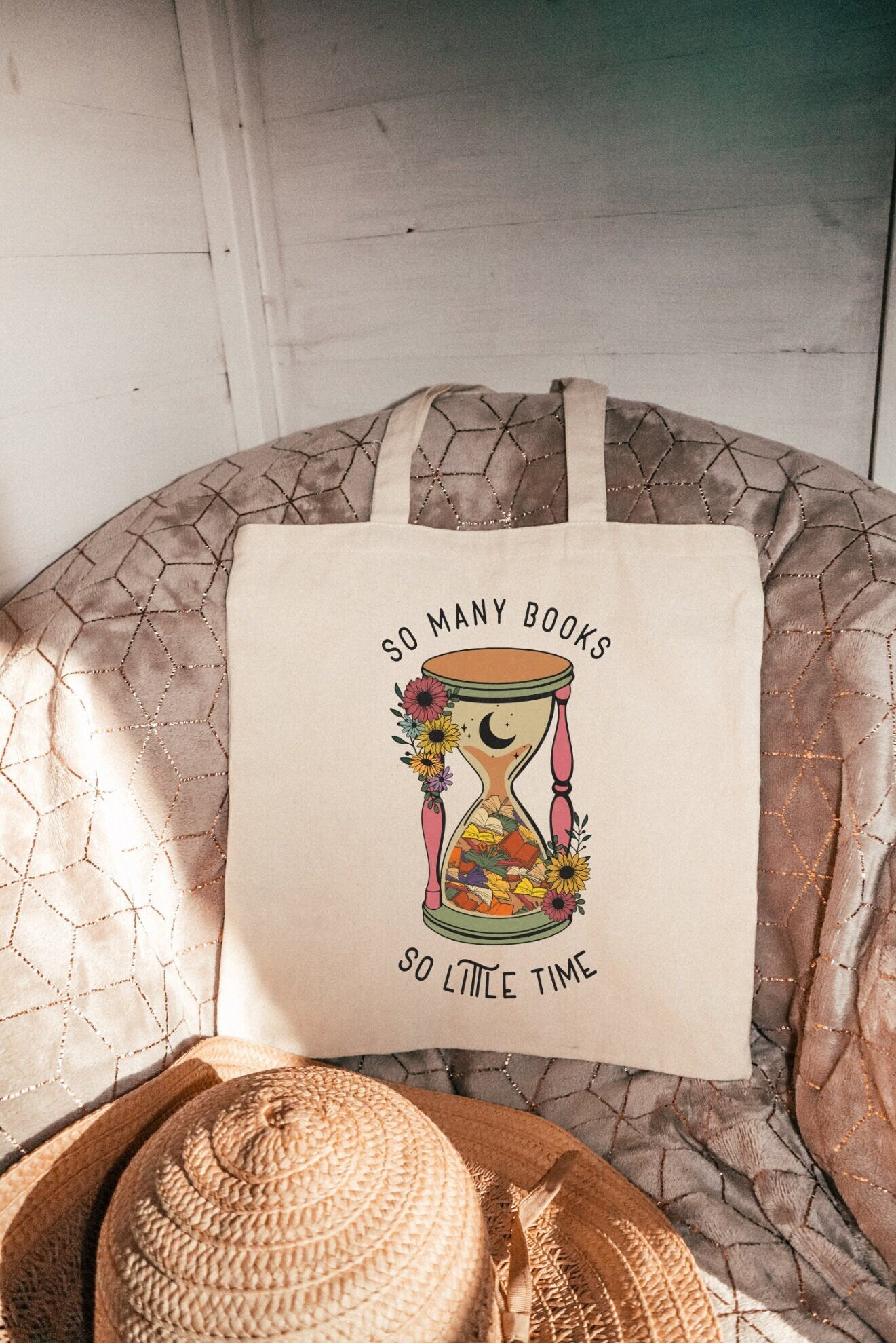 So Many Books Literary Magical Hourglass Library Book Reusable Shopping Canvas Tote Bag, Gift for Librarian Teacher Book Lover