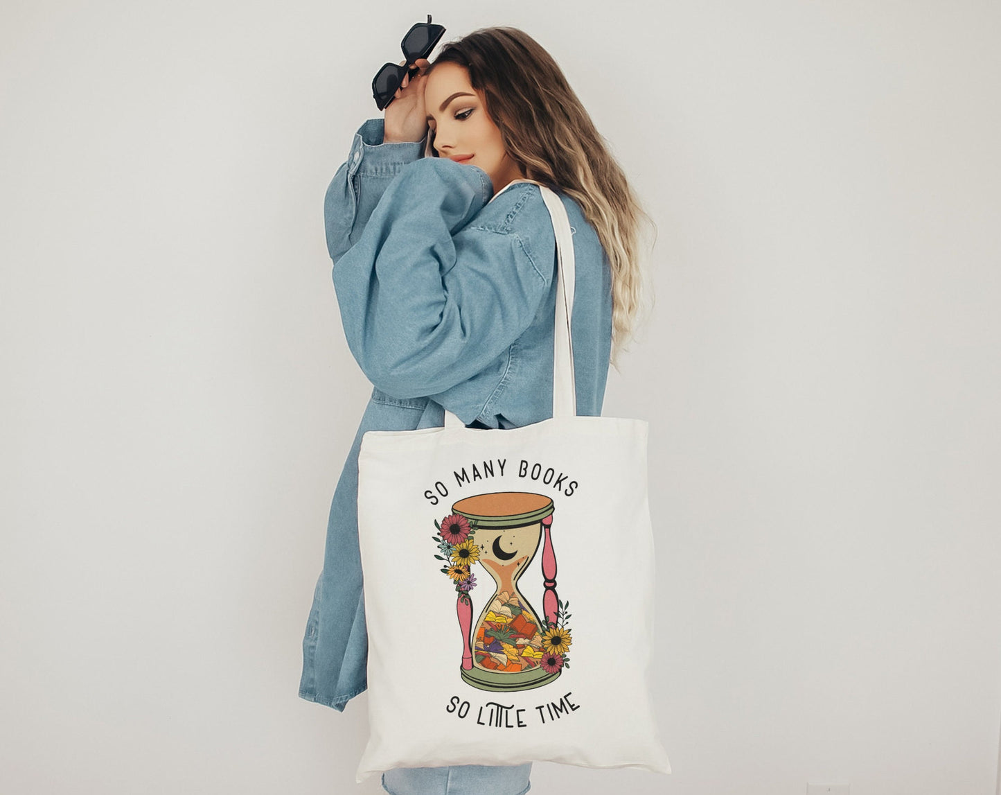 So Many Books Literary Magical Hourglass Library Book Reusable Shopping Canvas Tote Bag, Gift for Librarian Teacher Book Lover