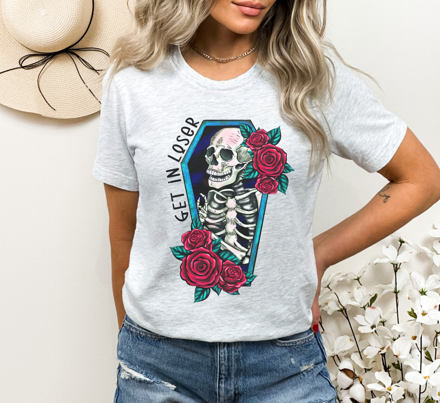 Get In Loser Floral Coffin Skeleton Tee