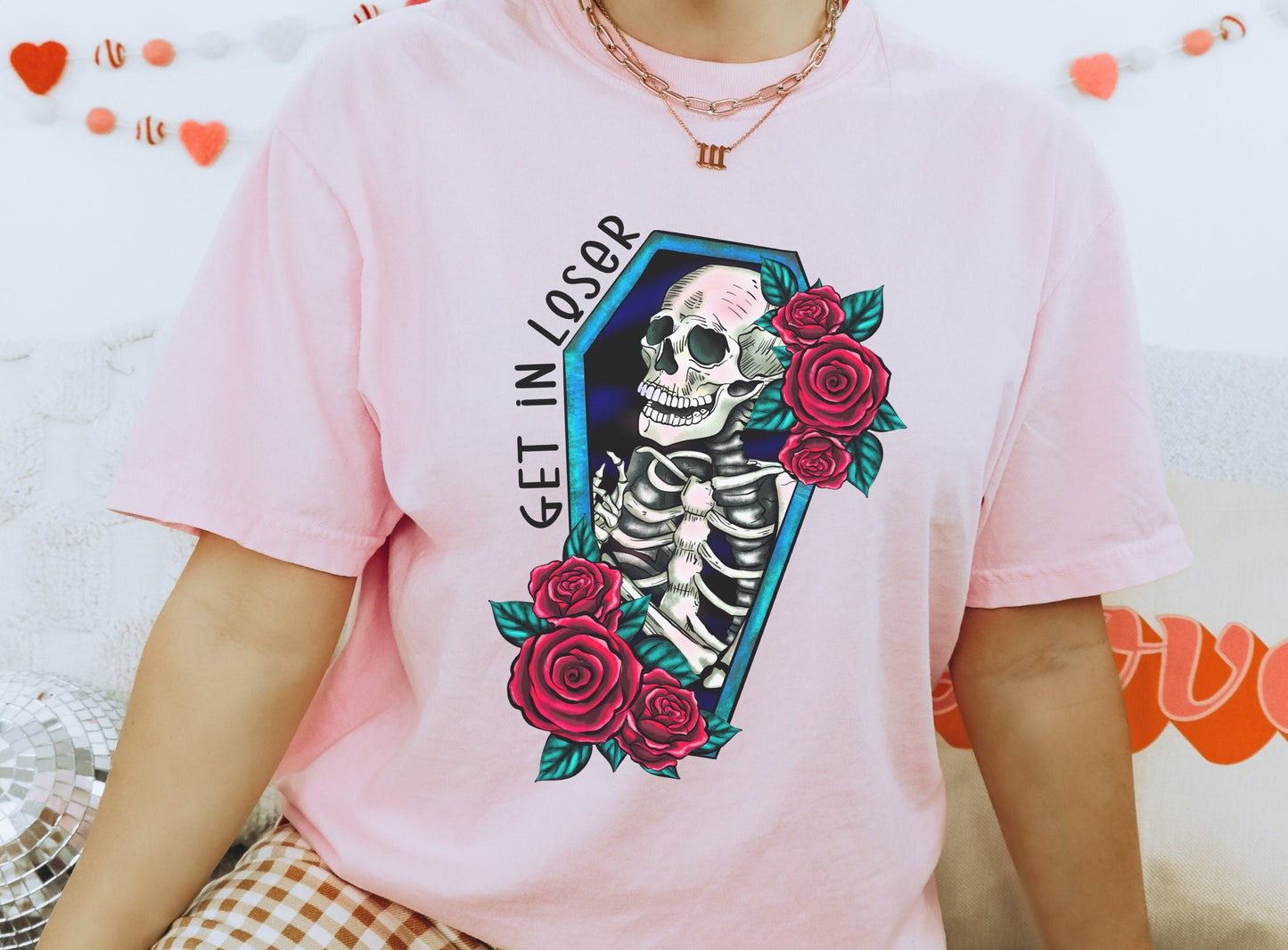 Get In Loser Floral Coffin Skeleton Tee