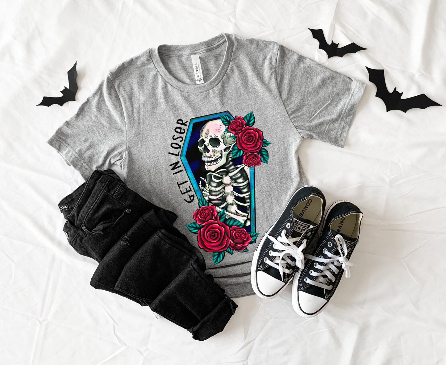 Get In Loser Floral Coffin Skeleton Tee