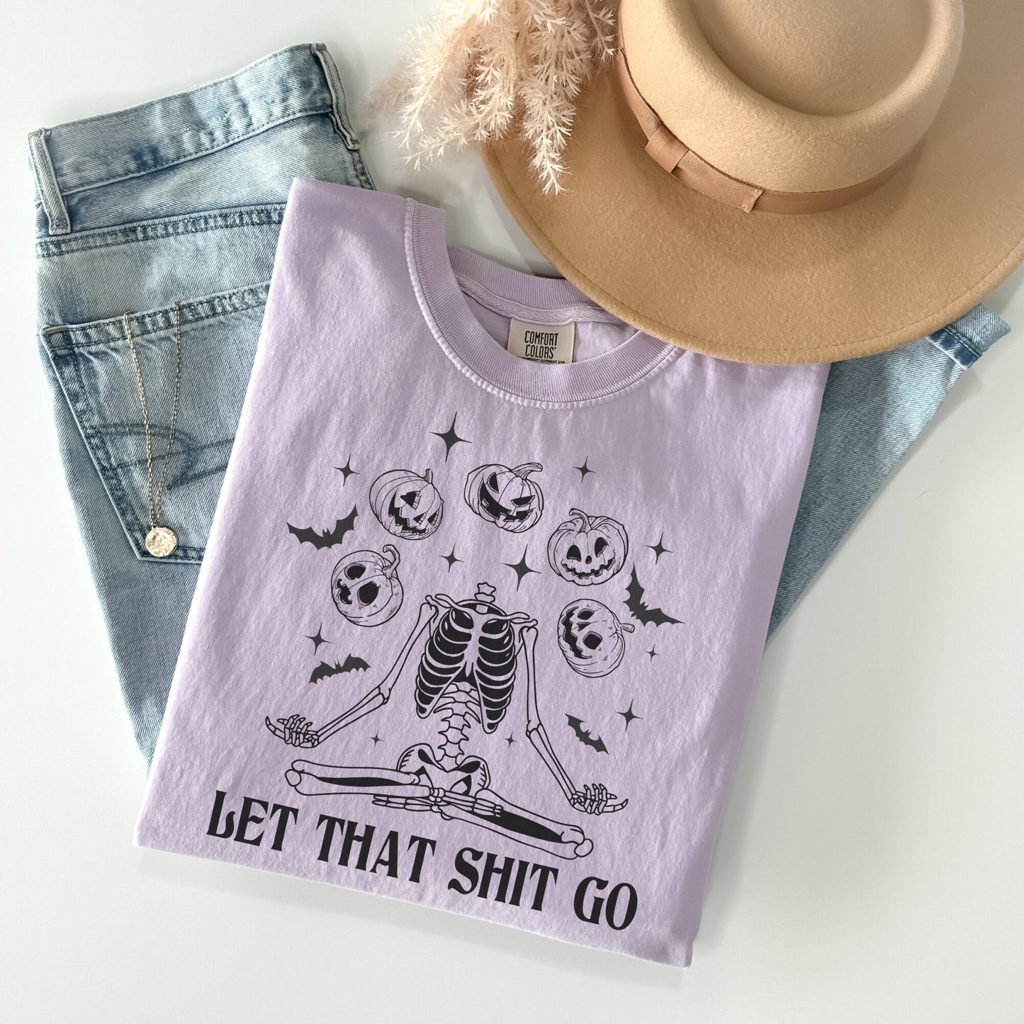 Comfort Colors Halloween Skeleton and Pumpkins Let That Shit Go Shirt