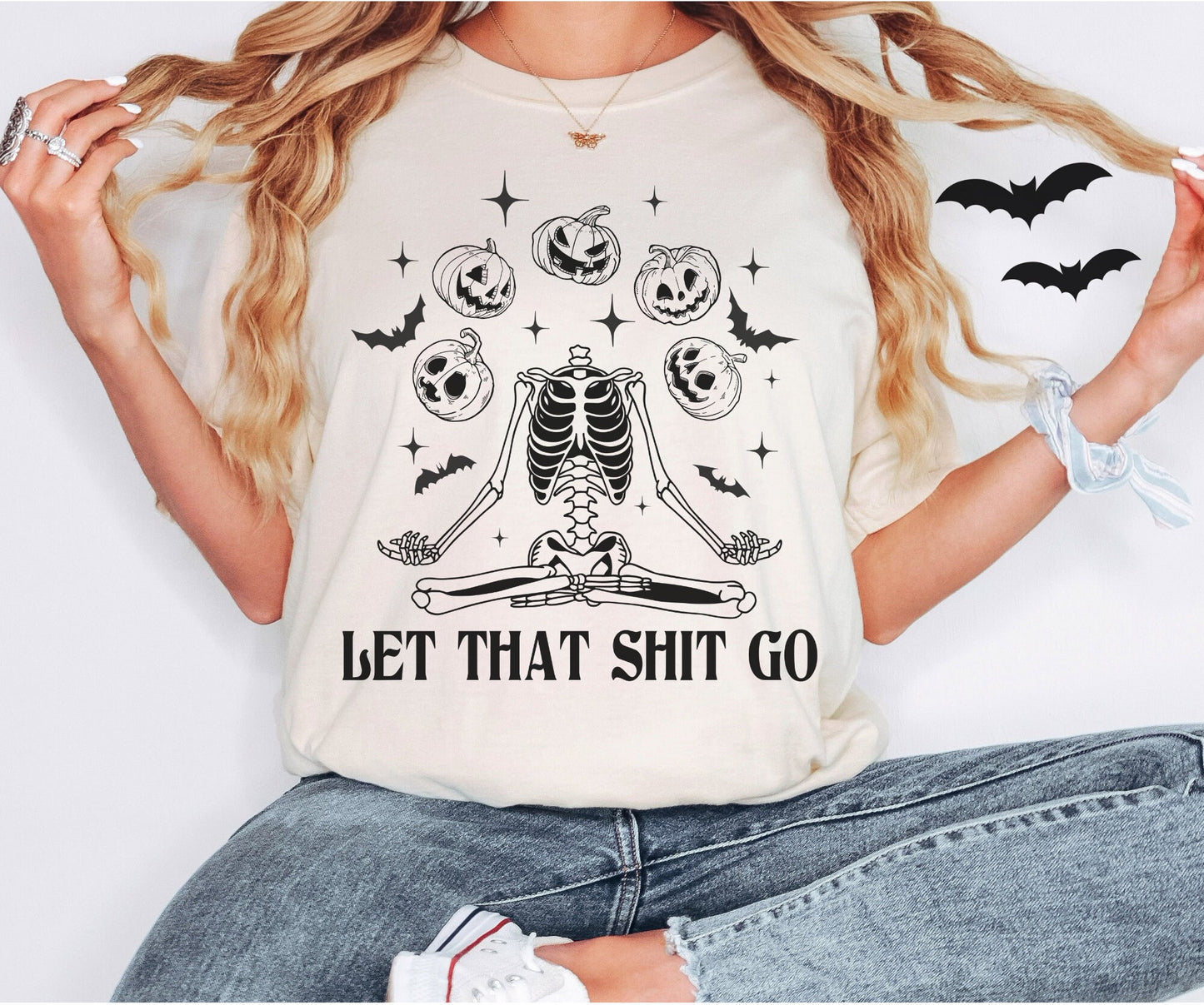 Comfort Colors Halloween Skeleton and Pumpkins Let That Shit Go Shirt