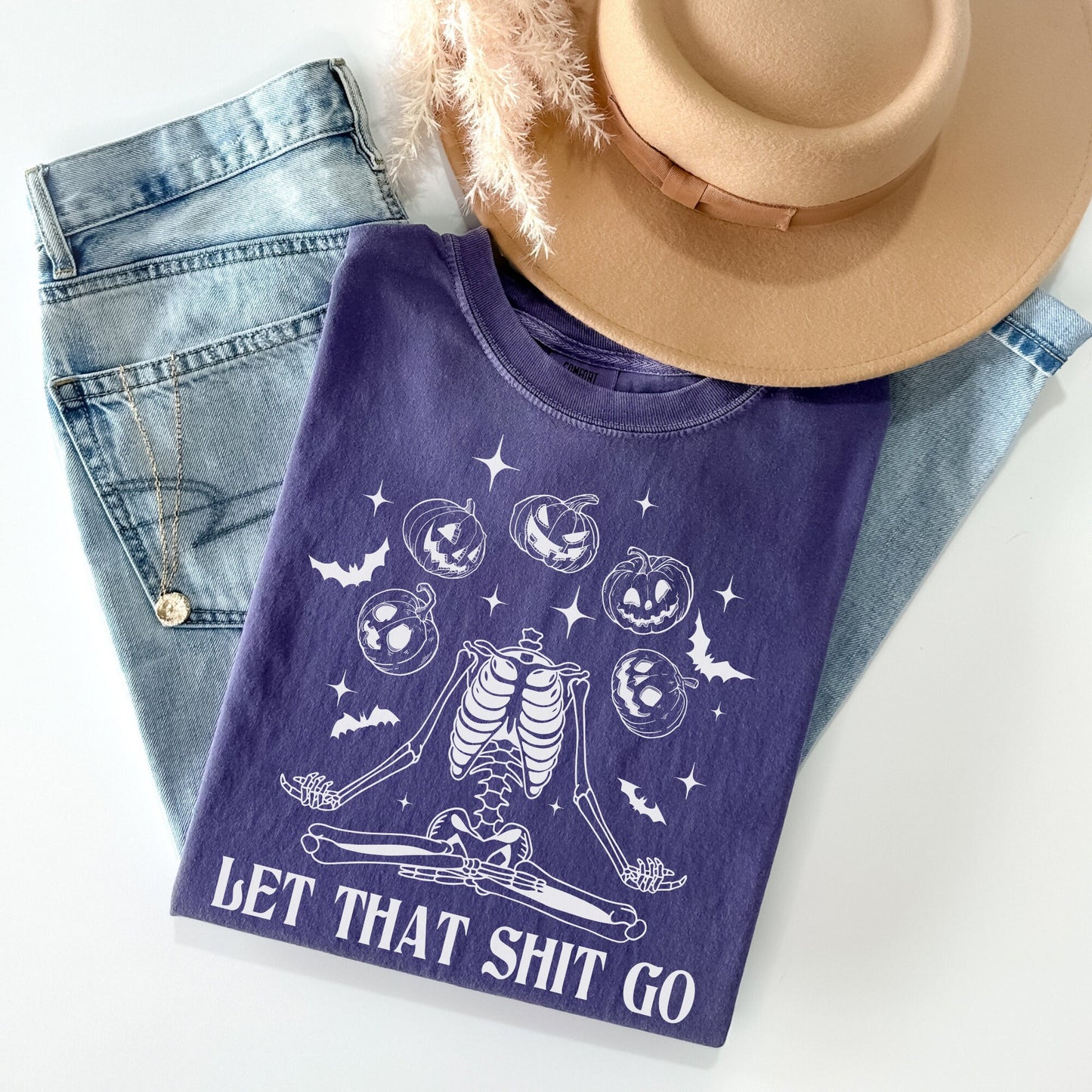 Comfort Colors Halloween Skeleton and Pumpkins Let That Shit Go Shirt