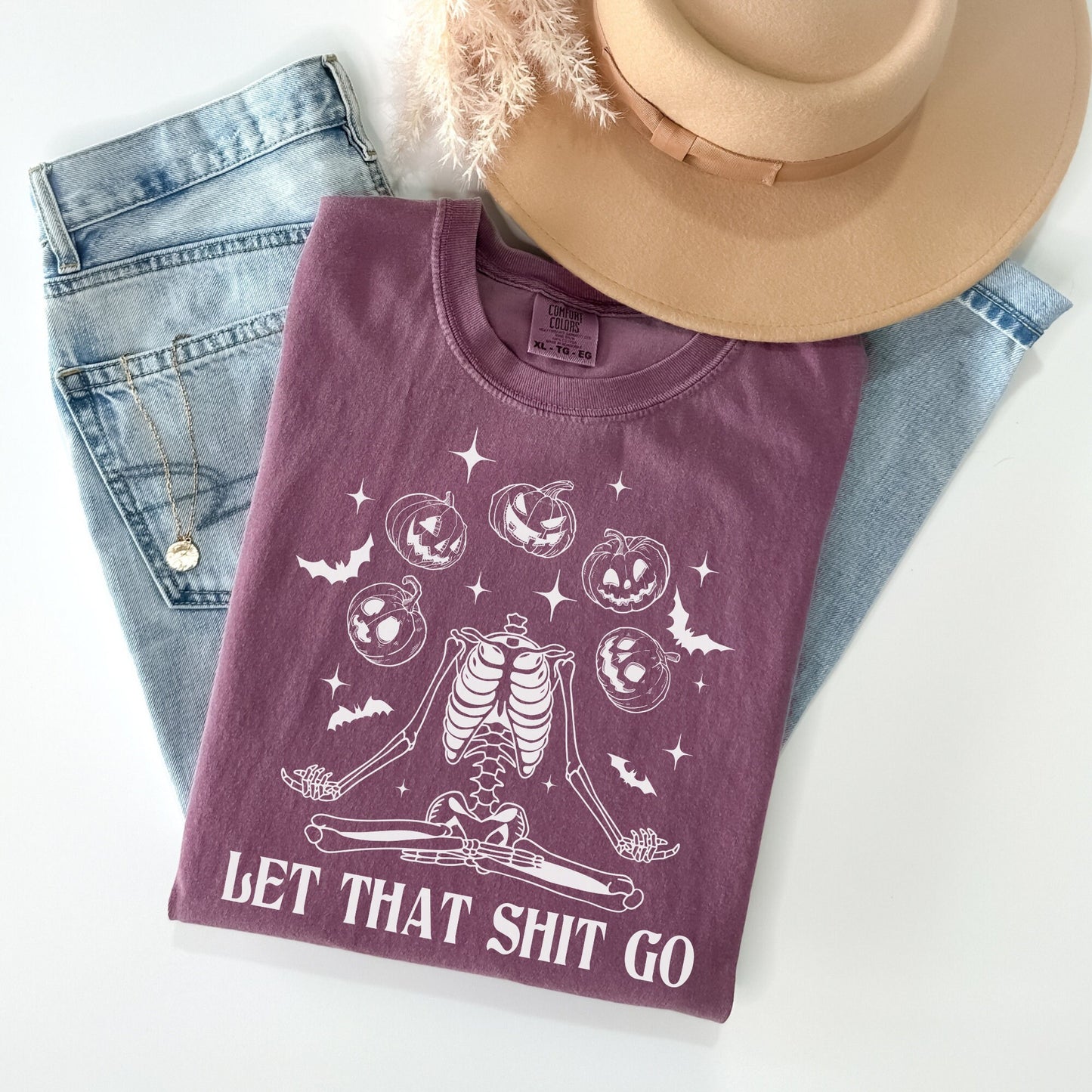 Comfort Colors Halloween Skeleton and Pumpkins Let That Shit Go Shirt