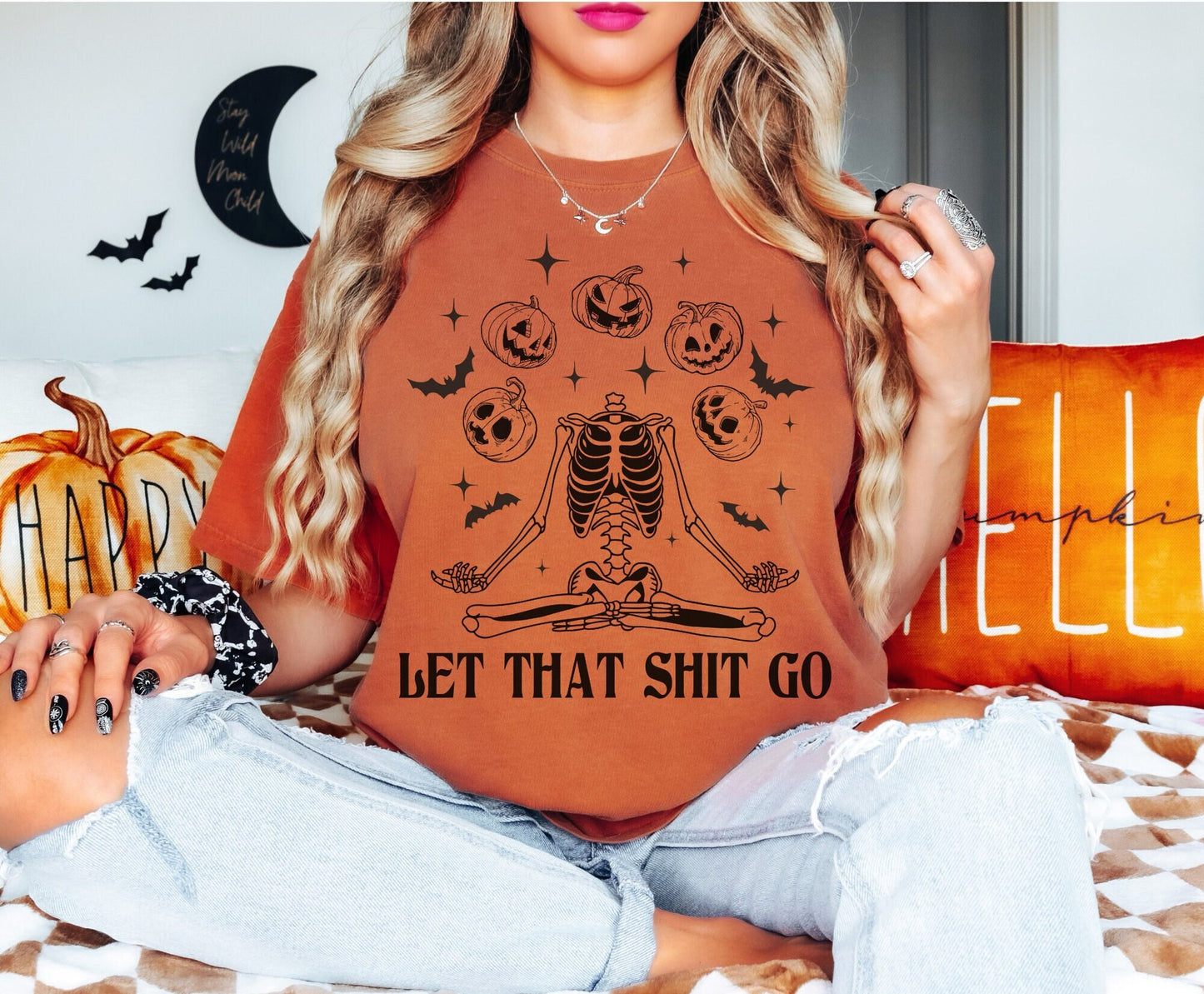 Comfort Colors Halloween Skeleton and Pumpkins Let That Shit Go Shirt