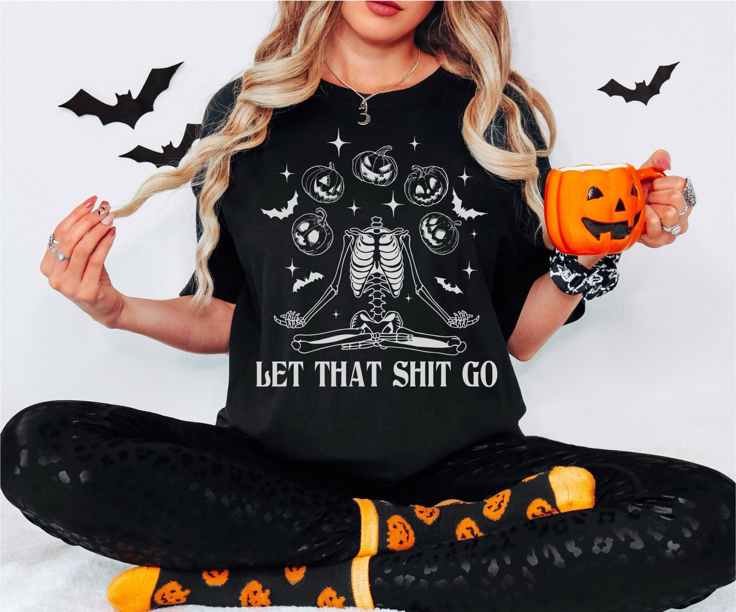 Comfort Colors Halloween Skeleton and Pumpkins Let That Shit Go Shirt