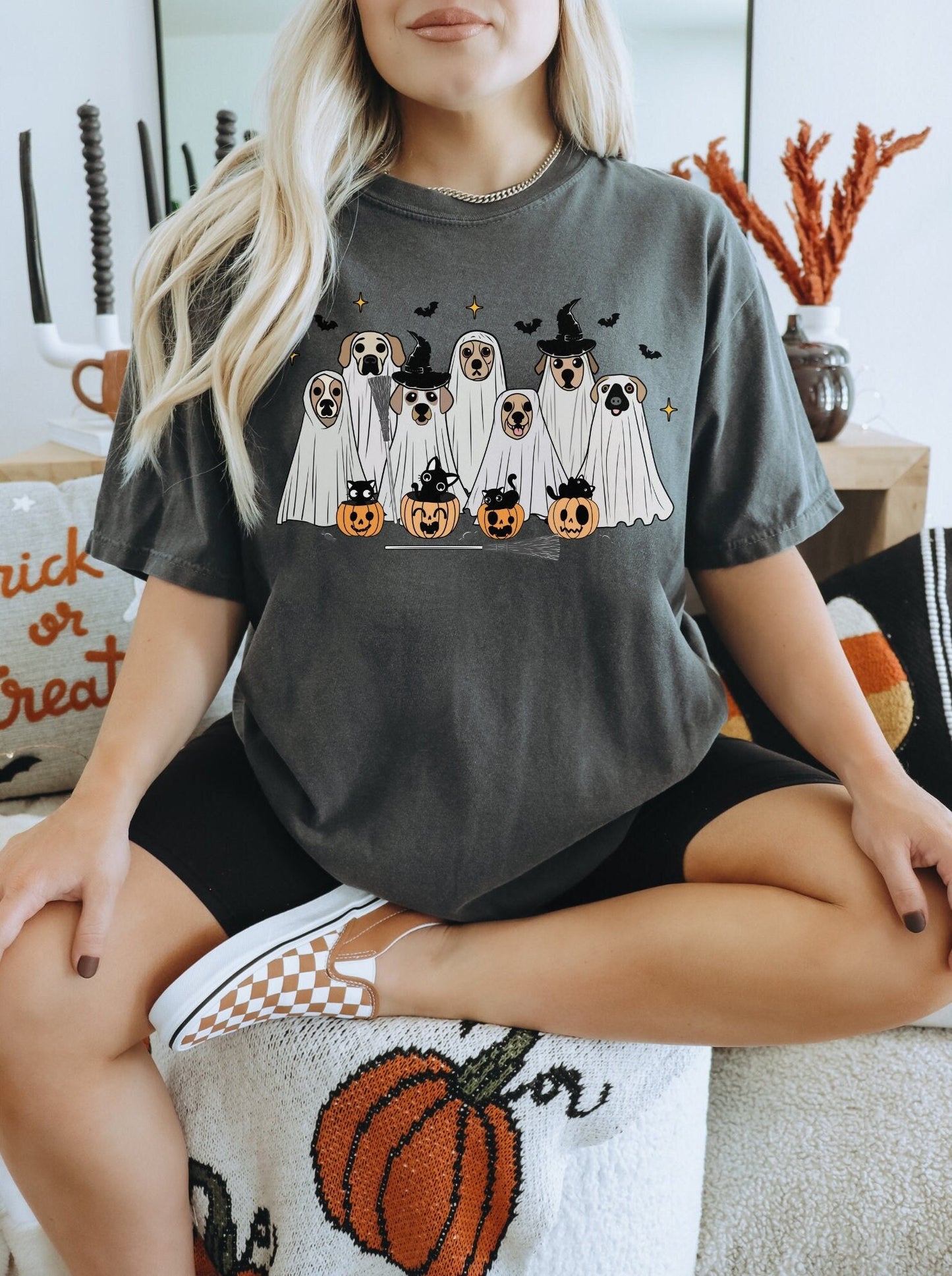 Comfort Colors Adorable Halloween Sheet Ghost Dogs and Cats T-Shirt